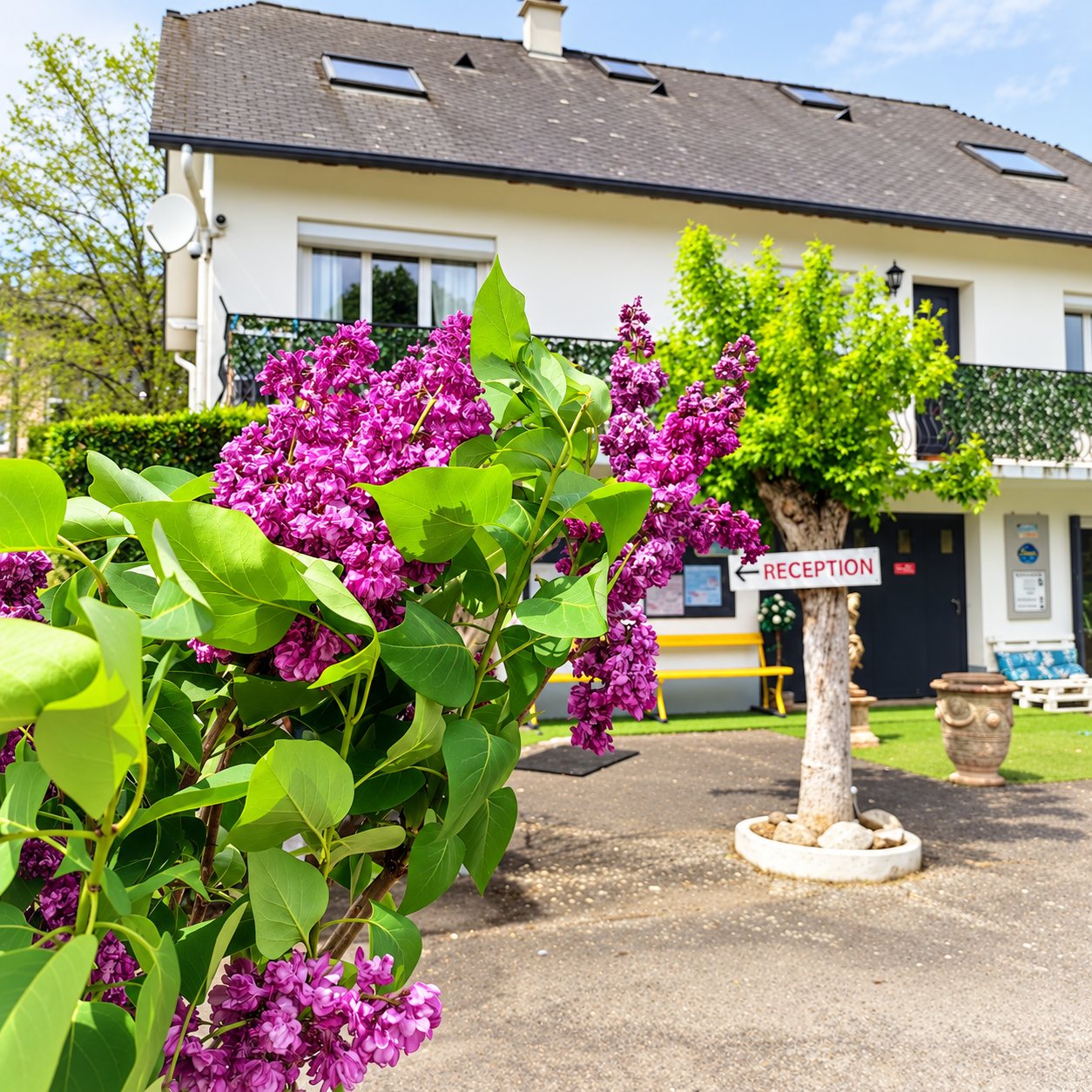 Un lilas violet en fleurs au premier plan devant une maison blanche à toit d'ardoise, avec un panneau fléché indiquant la réception.
